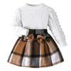 Hiijoy Girls Outfits Puff Long Sleeve Sweater Plaid Print Bow Skirt Set Fall Clothes Set