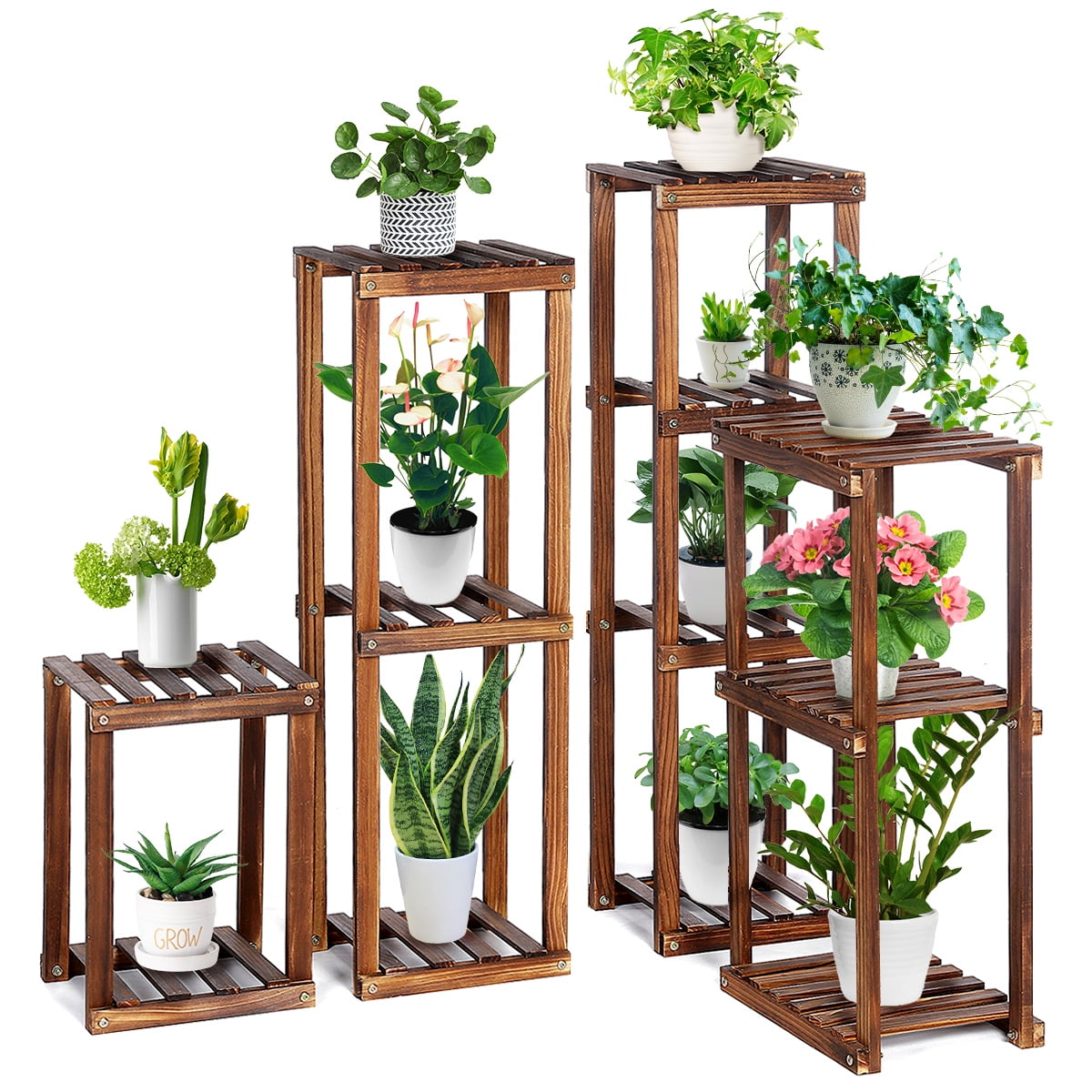 Steady Vertical Carbonized Shelves for Patio Livingroom Balcony Garden Yard TOOCA Wood Plant Stands Indoor Stylish Outdoor Plant Display Rack Holder 3-Tier Corner Plant Flower Pot Stand 