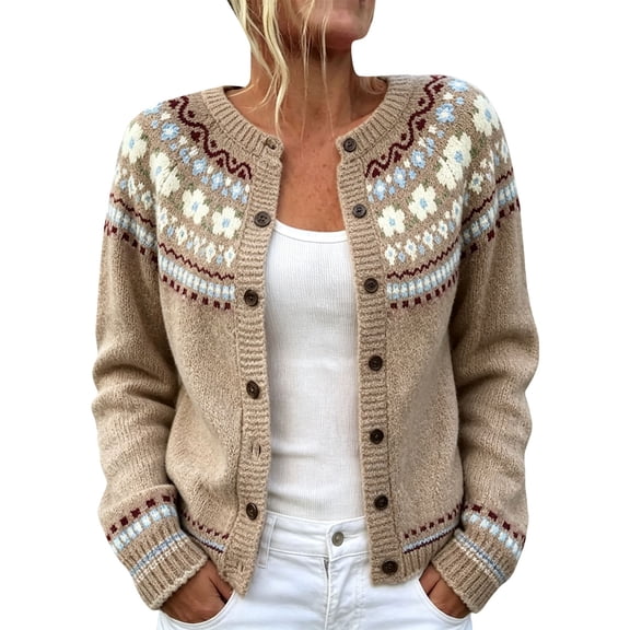 GILIGEGE Womens Fair Isle Sweater Button Up Long Sleeve Cardigans Crew Neck Open Front Knit Vintage Chunky Sweater Coats Retro Casual Fall Knit Jacket Soft Winter Outwear Coffee S
