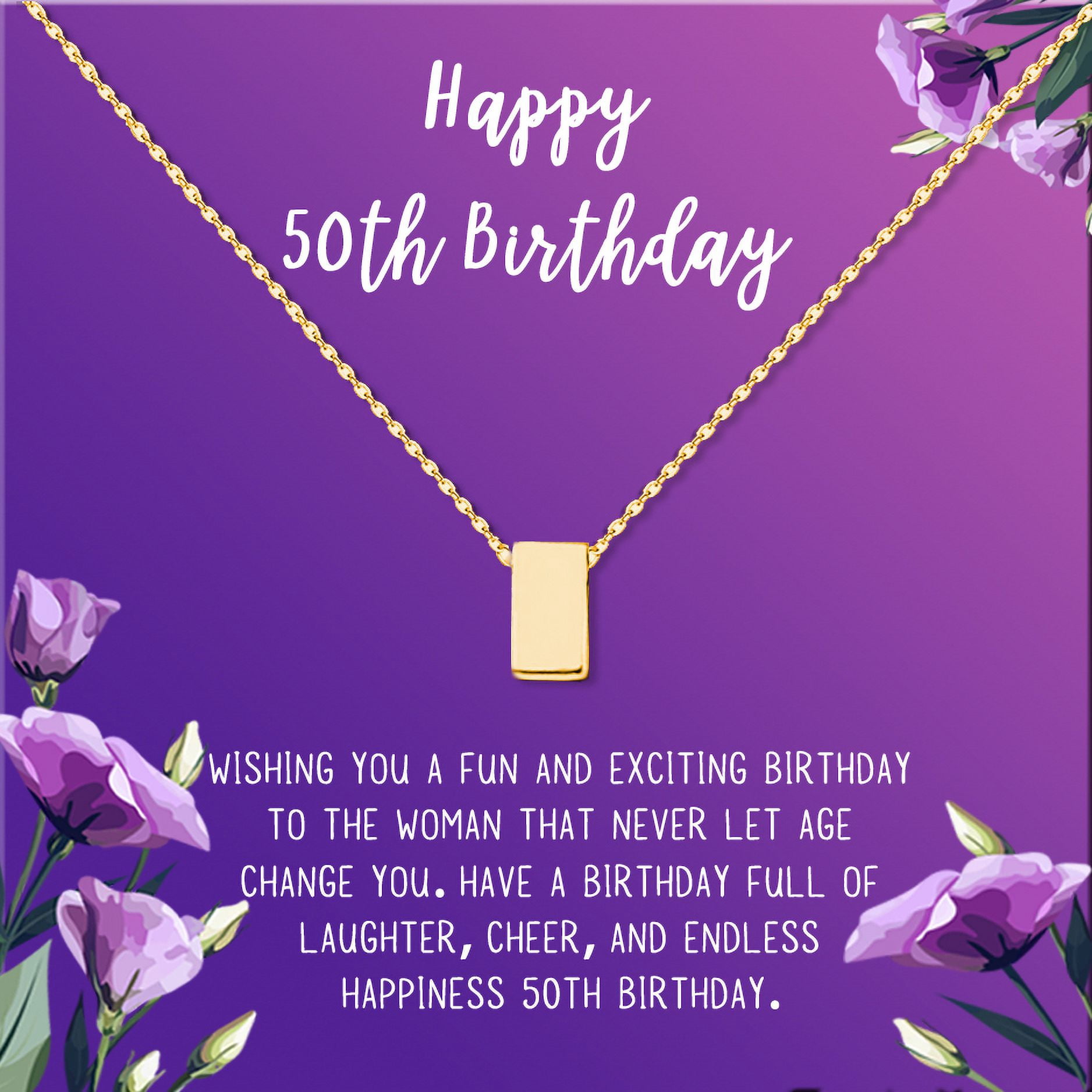 Anavia Happy 50st Birthday Gifts Stainless Steel Fashion Necklace Birthday Card Jewelry Gift for Her, Birthday Gift for Grandma-[Gold Cube, Royal Purple Gift Card]