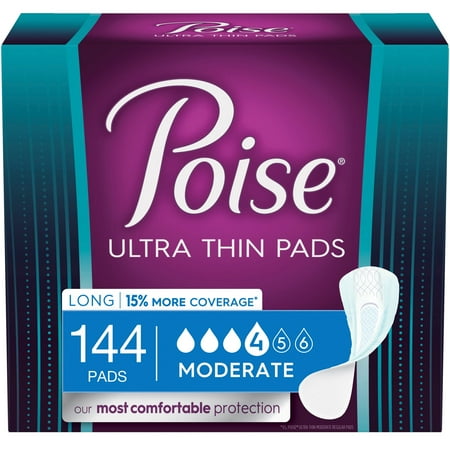 Poise Ultra Thin Incontinence/Bladder Control Pads, Moderate Absorbency, Long Length, 144 (3 Packs of 48) Count