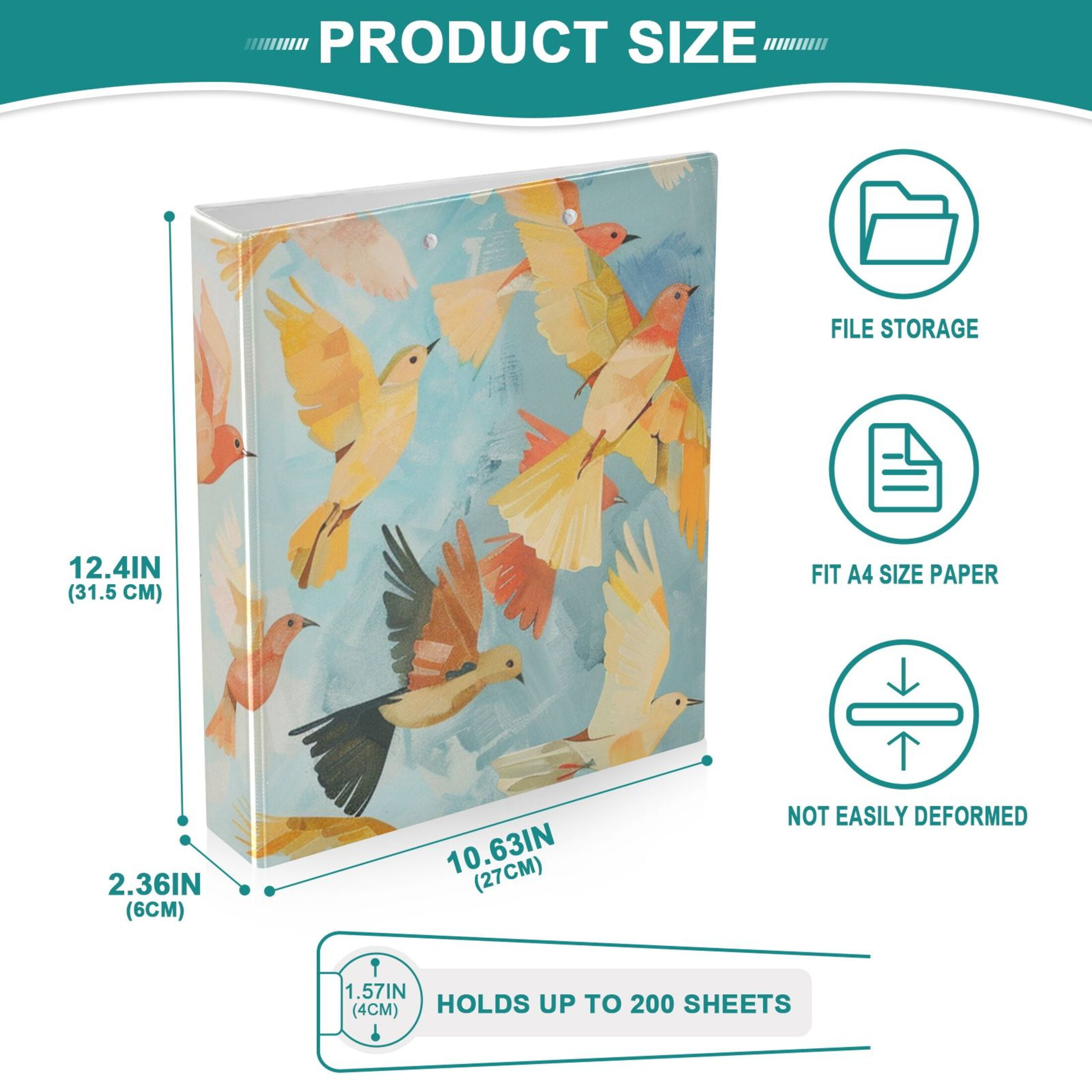 Many Birds 3 Ring Binders 1.5 inch Hardcover File Folders with Interior Pockets A4 Size Organizer for School Office Hospital