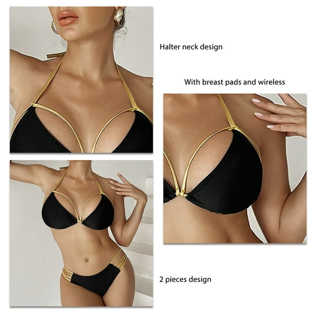 Traje de bano de bikini para mujer cuello halter espalda descubierta correas ahuecadas traje de bano inalambrico de dos piezas con almohadillas para el pecho negro M Walmart en linea