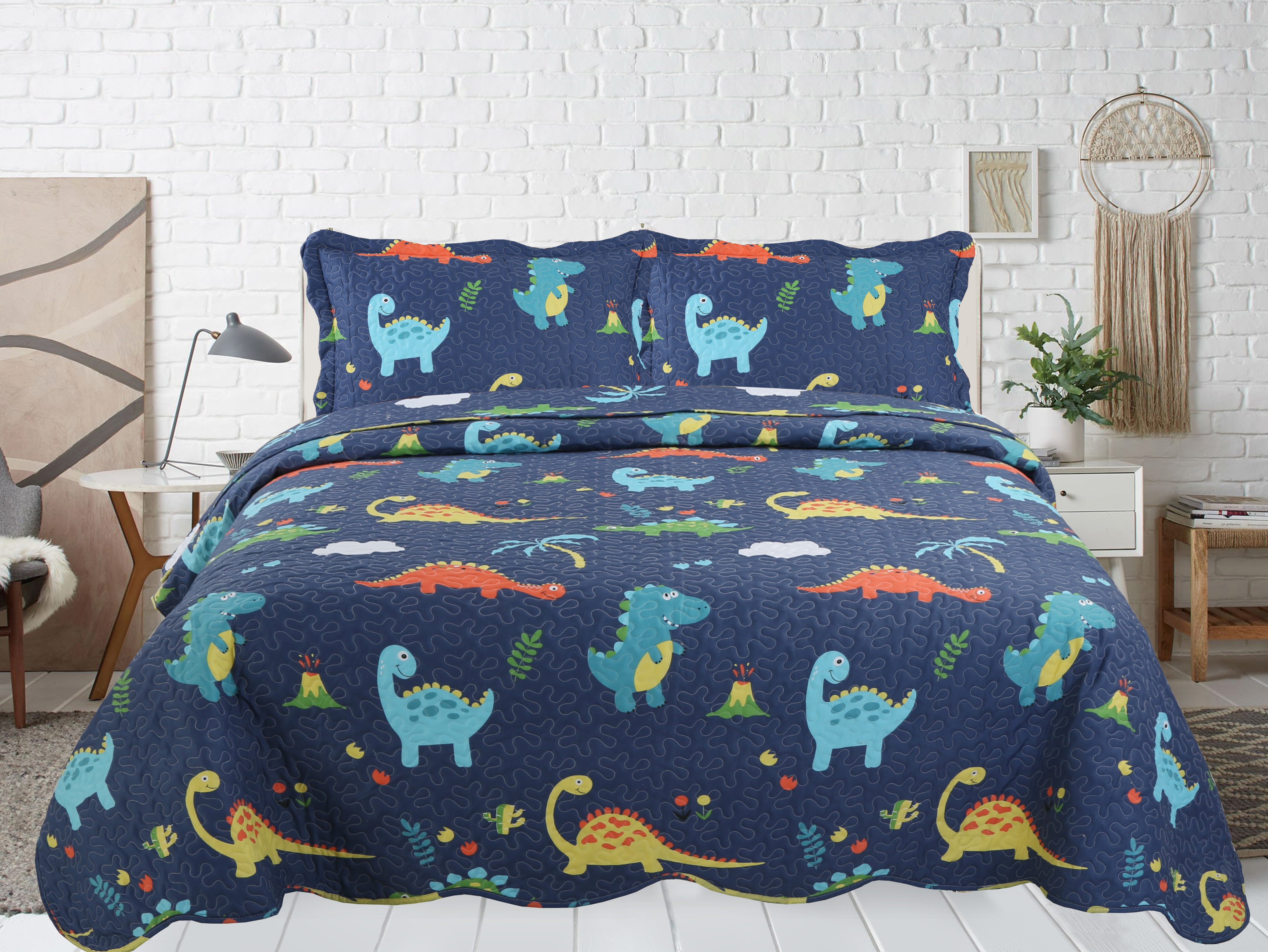 Marina Décoration Literie d'été ultra douce avec couvre-lit et taie d'oreiller matelassée, motif de dinosaures bleu marine