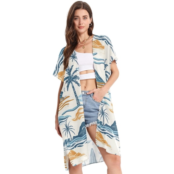 Beach Vacation Clothes Kimono Cardigan Loose Swimsuit Cover Up for Women Island Trees Mountain S