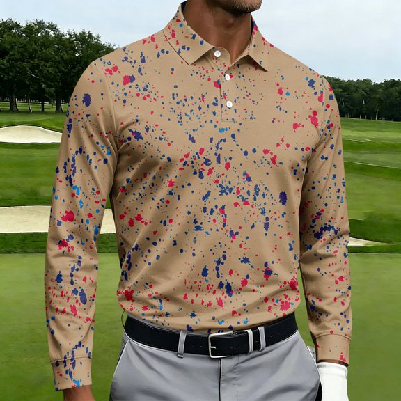 Men's Golf Polo Shirt Paint Splatter Print Short Sleeve Moisture Wicking Tee Casual Slim Fit Performance Sports Top, L
