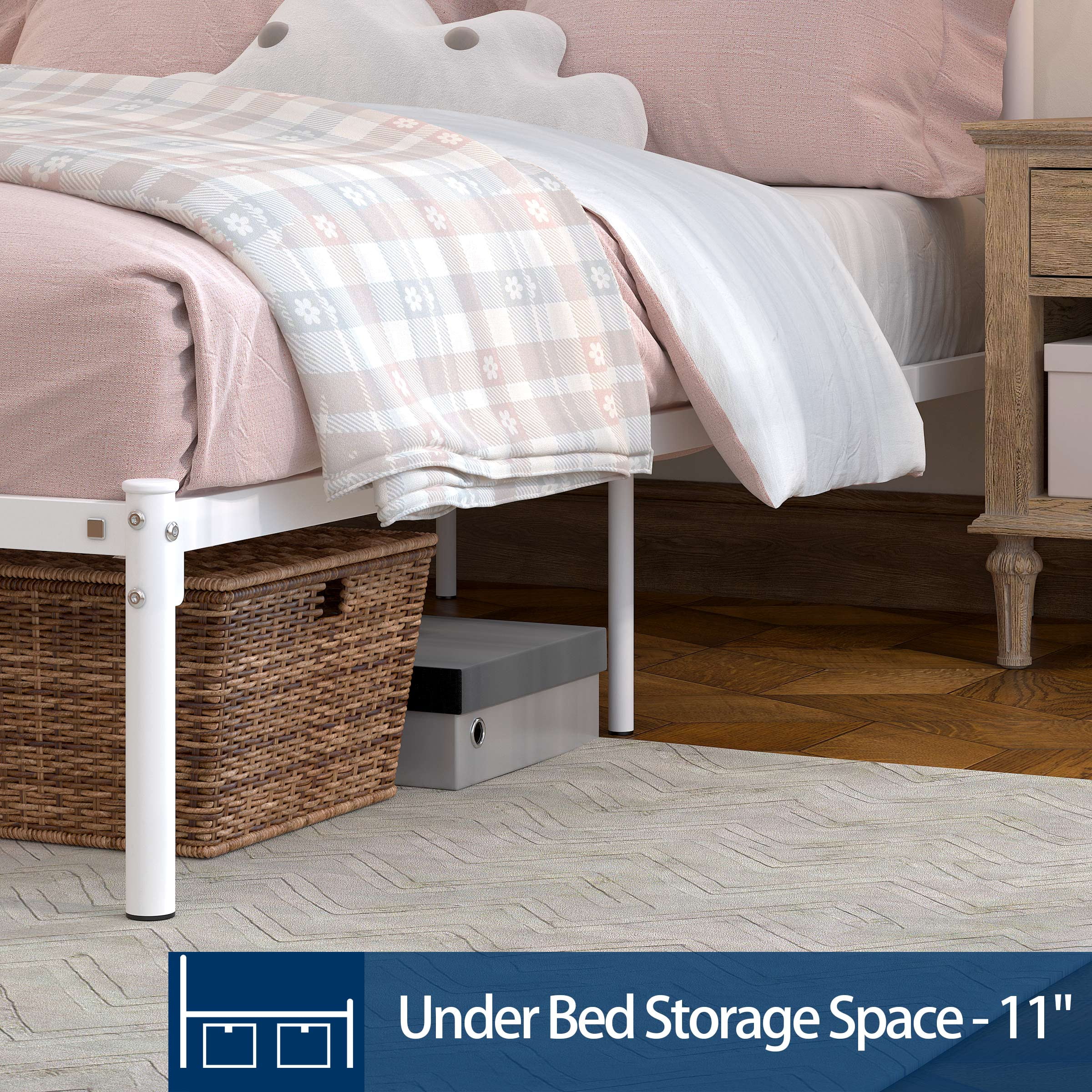 Yoneston Full Size Metal Platform Bed Frame with Vintage Headboard, Sturdy Steel Slat Mattress Foundation with 11" Under-Bed Storage, White
