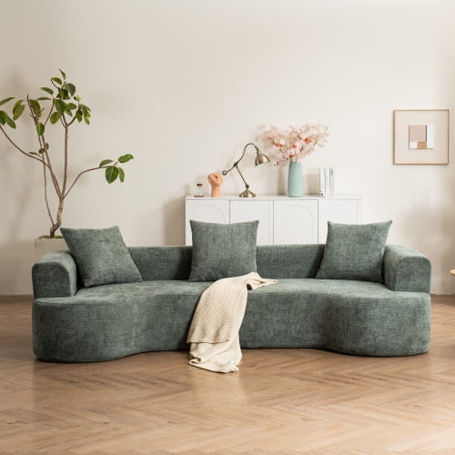 Modern style curved sofa, soft corduroy sofa with 3 pillows, living room milky white ultra smooth curved fabric sofa in Green