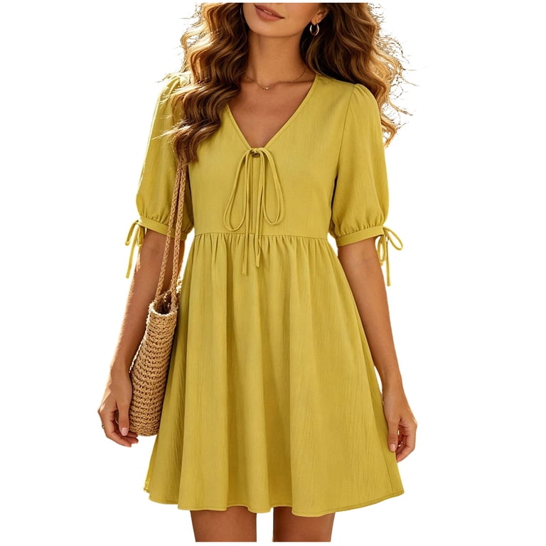 casual yellow mini dress ClodeEU Women's V Neck Short Sleeve Tie Front A-Line Mini Dress, Loose Fit  Solid Color Casual Dress Khaki,Women's Plus XXL