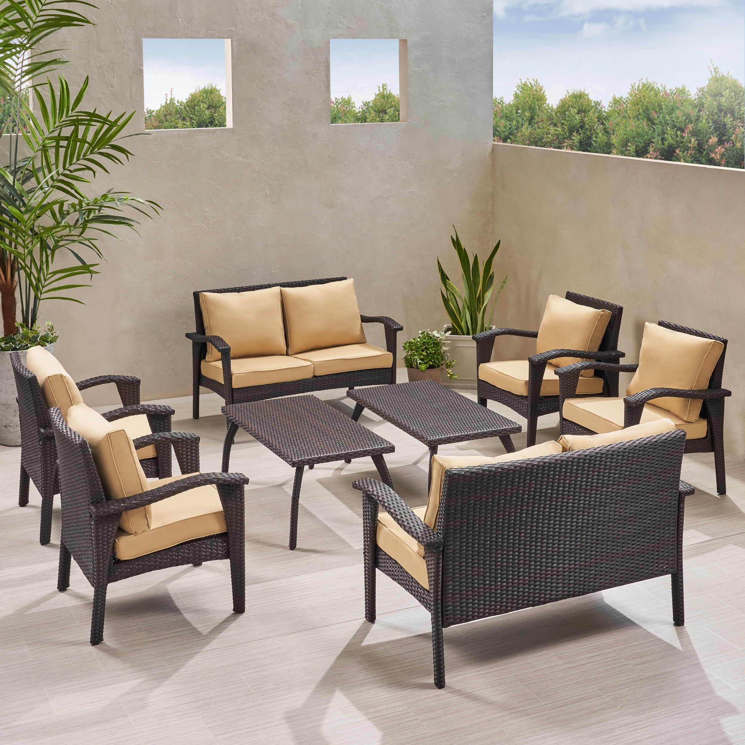 Amos Outdoor 8 Piece Brown Wicker Seating Set With Cushions Walmart Com Walmart Com
