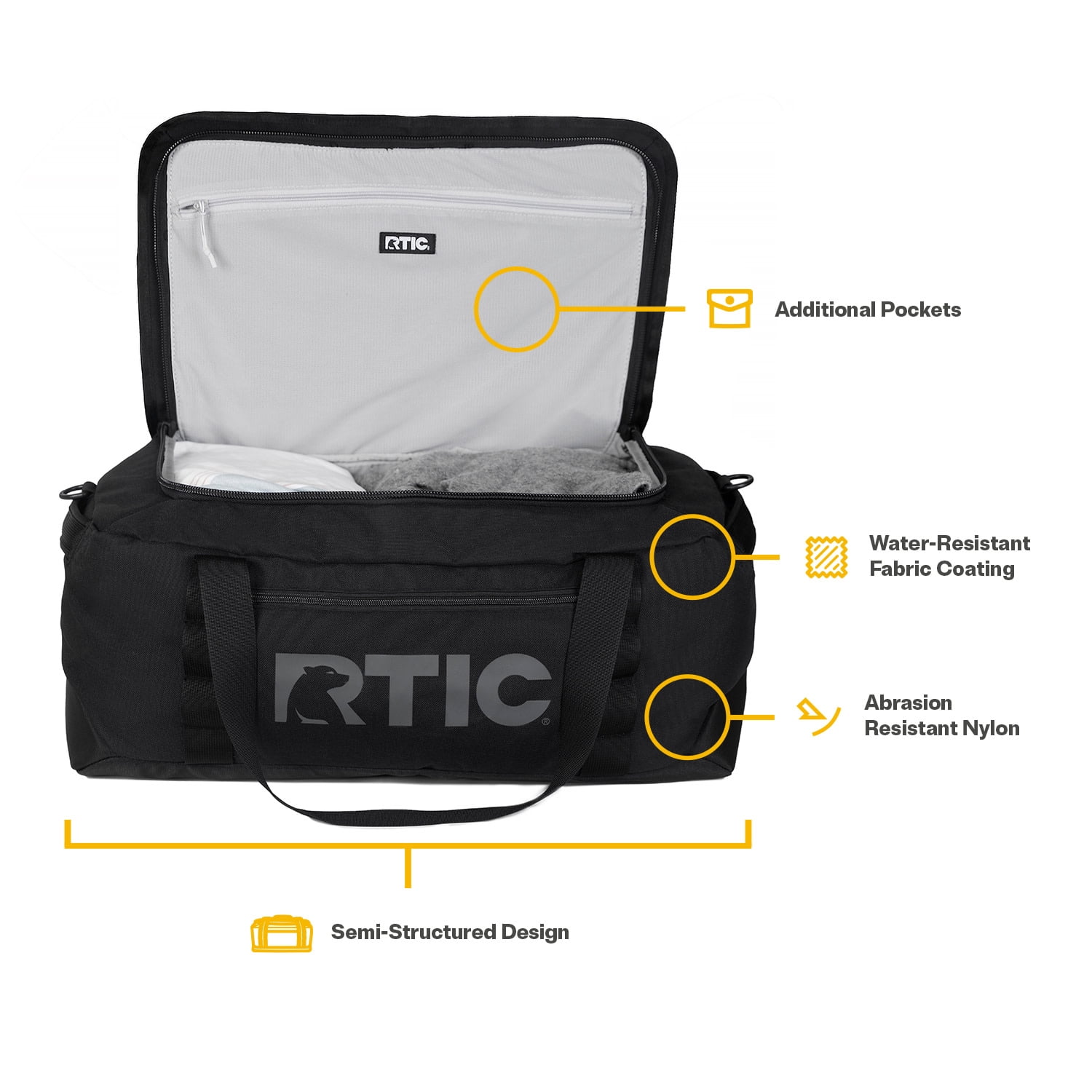 RTIC Road Trip Duffle Bag, Large, Water Resistant, Durable Fabric, Black