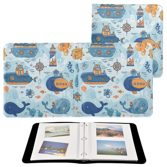 PU Leather Photo Album with 20 Self-Adhesive Pages 3-Ring Binder DIY Scrapbook Album for Pictures & Keepsakes11.8×11.2×1.5in Cartoon Ocean World