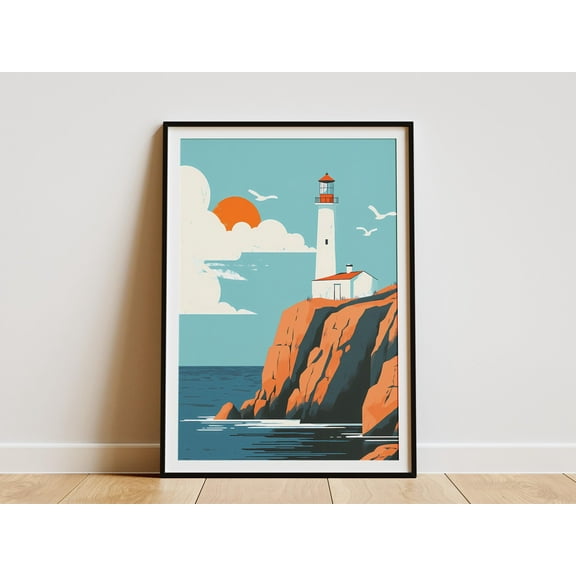 Lighthouse Cliff Ocean Sunset Coastal Art Print Modern Home Decor Beach House Wall Art Nautical Illustration Summer Vacation - Poster Unframed