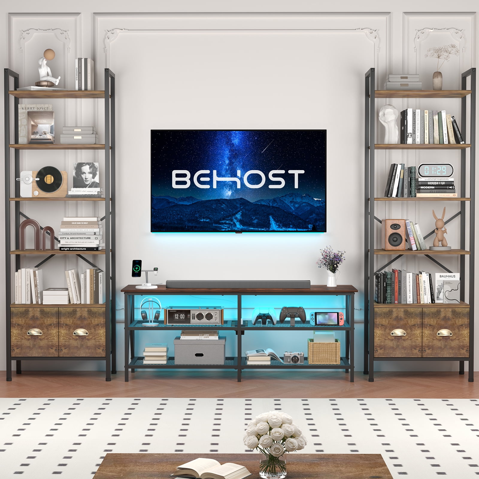 Behost TV Stand for 65 inch TV, TV Cabinet with 20 Colors LED Lights for Living Room, Brown