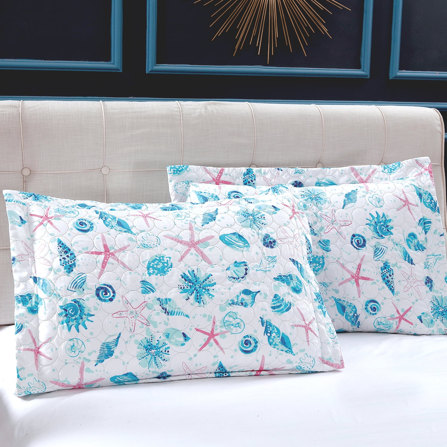 Kebury Coastal Beach Theme Quilts Bedding Set King Size Lightweight Patchwork Ocean Bedding Coverlets Conch Blue Seashell Starfish Seaweed Bedspreads (1 Quilt, 2 Pillow Shams)