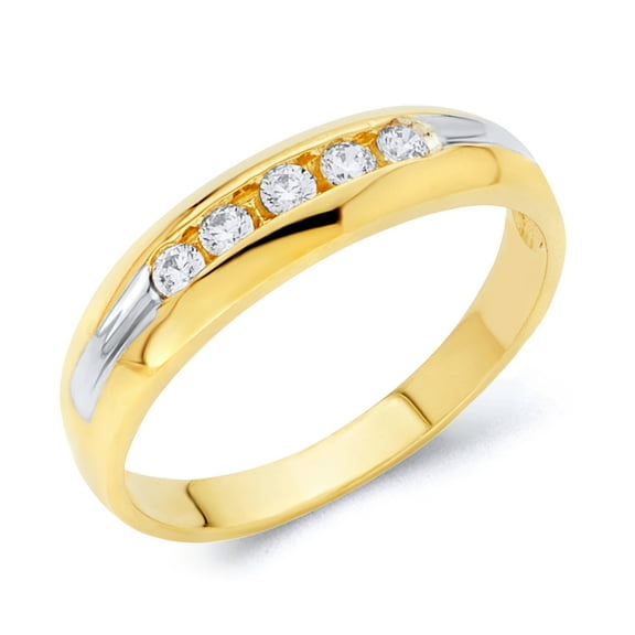 Wellingsale Men's Solid 14k Two 2 Tone White and Yellow Gold Polished CZ Cubic Zirconia Wedding Band - Size 8