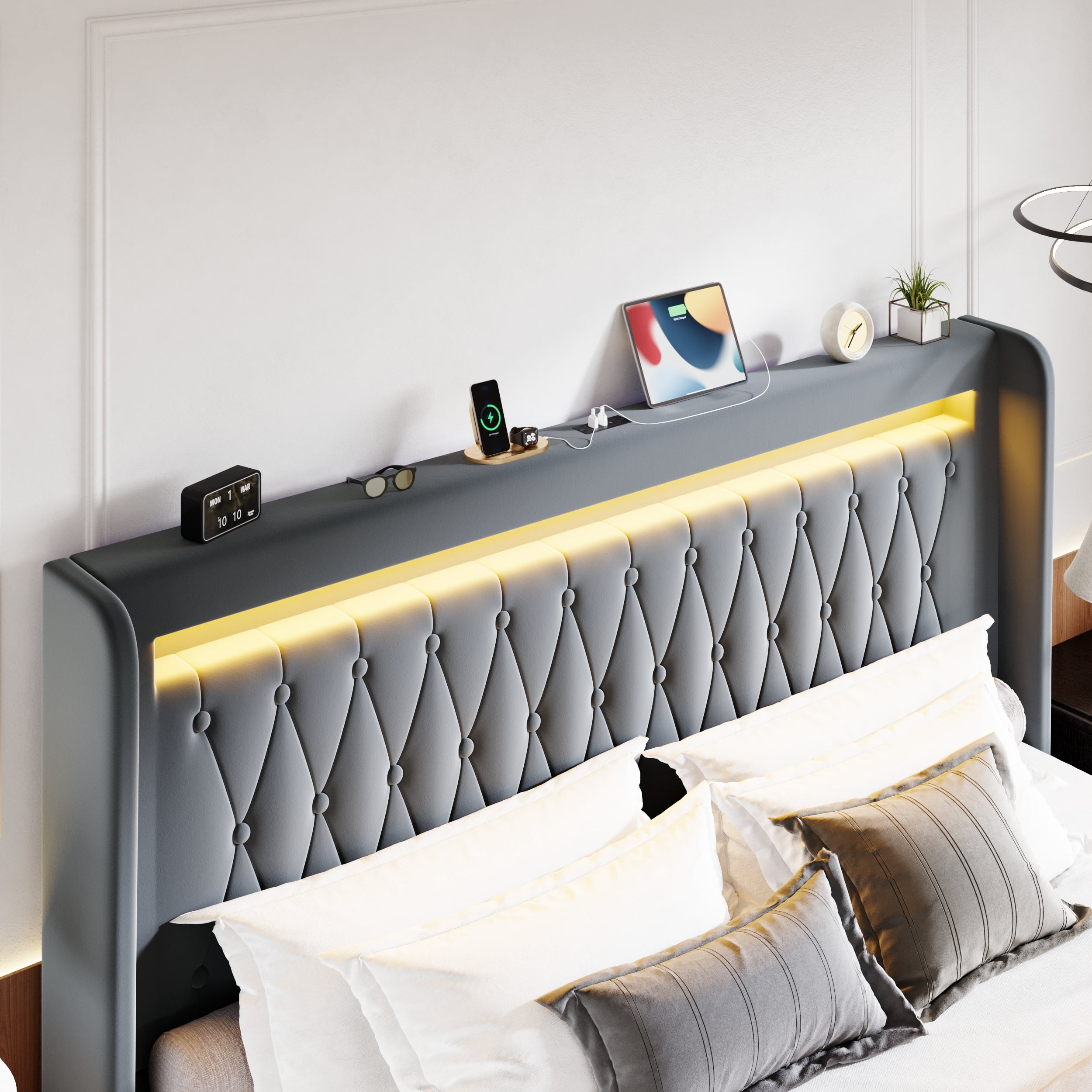 Amolife King Size LED Bed Frame, Upholstered Velvet Platfrom Bed with Charging Station, High Wingback Headboard & 2 Lights, No Box Spring Needed, 1000 LBS Capacity, Gray