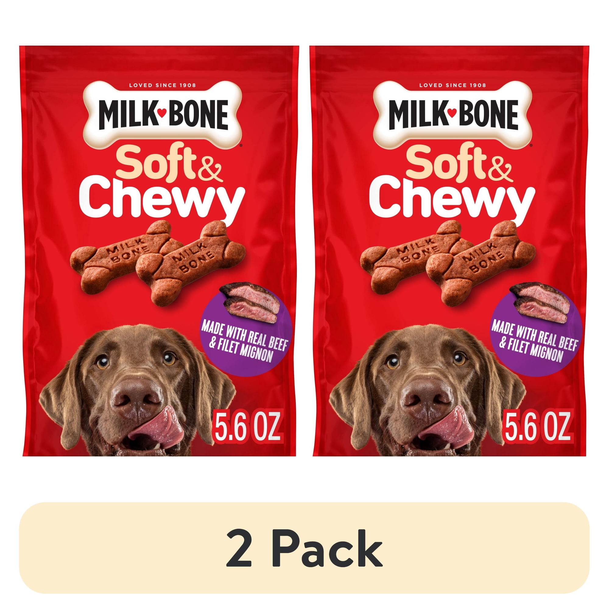 (2 pack) Milk Bone Soft & Chewy Dog Treats, Made with Real Beef & Filet Mignon, 5.6 oz Pouch
