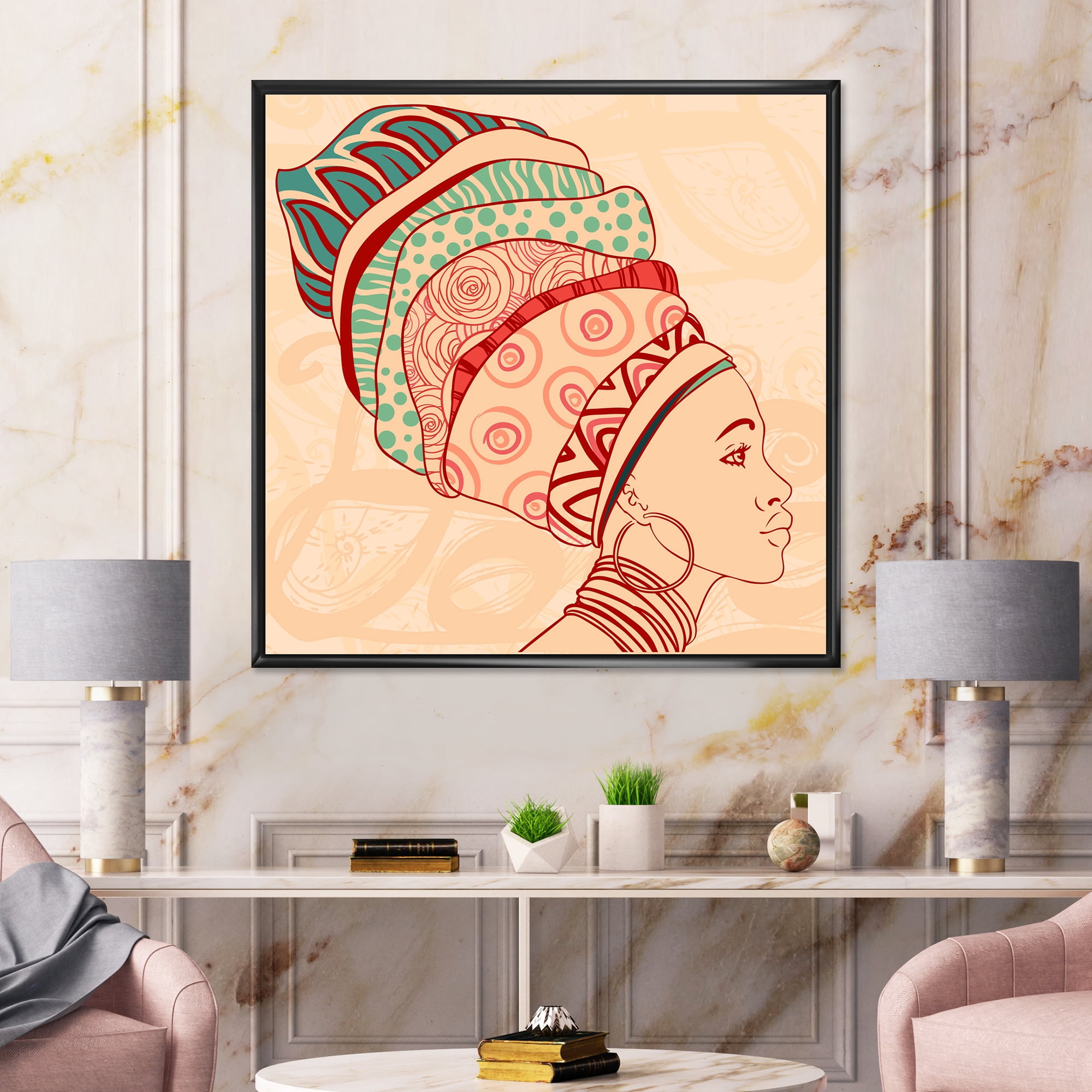 Designart 'African American Woman Portrait with Turban II' Modern Framed Canvas Wall Art Print