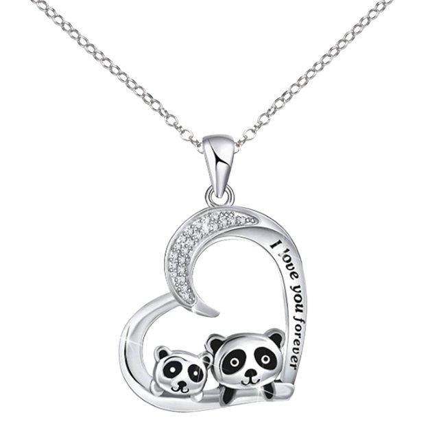 Cute Animal Heart Necklace for Women I You Forever and Daughter Panda Necklace Silver Panda Rhinestone Necklace