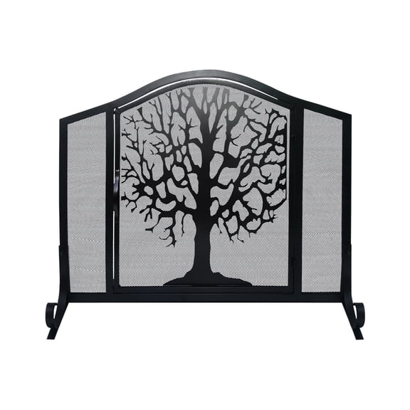 Maykoosh Mid-Century Marvel 43 Inches 3 Panel Iron Fireplace Screen, Mesh Design, Arched Top, Tree Of Life Art, Black
