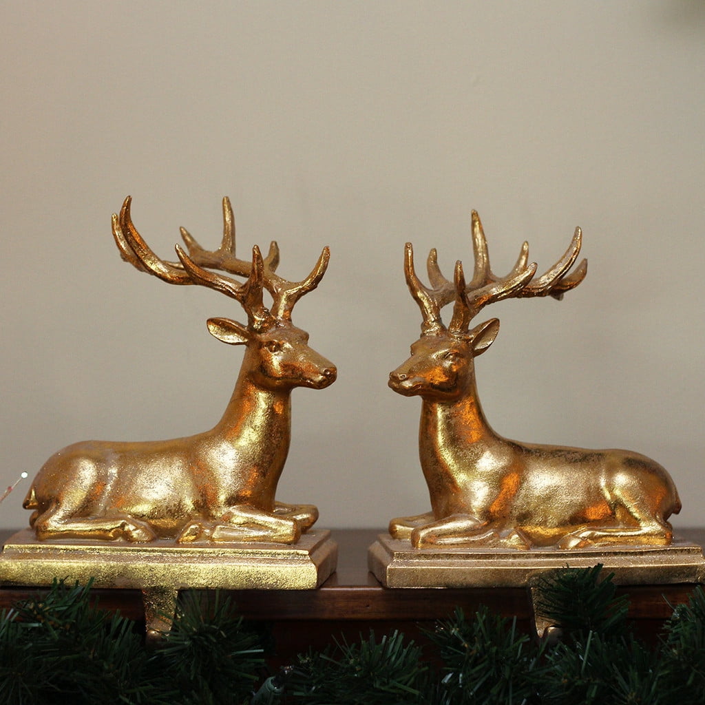 Set of 2 Gold Seated Reindeer Christmas Stocking Holders 8.75
