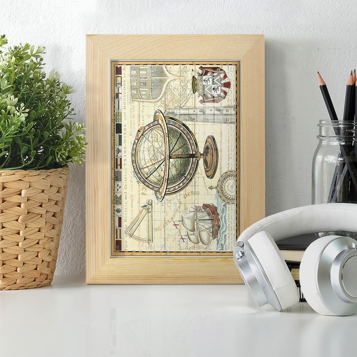 Nautical Map II -Framed Print w/glass-Natural Wood