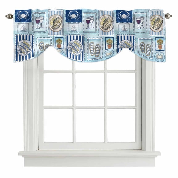Summer Animals Tie Up Valance Curtains Cartoon Flip-Flops Grilled Fish Crab Cute Sailboat Blue Adjustable Light Filtering Tie Up Valance Small Window Shade for Kitchen Bedroom Cafe 42" W x 12" L