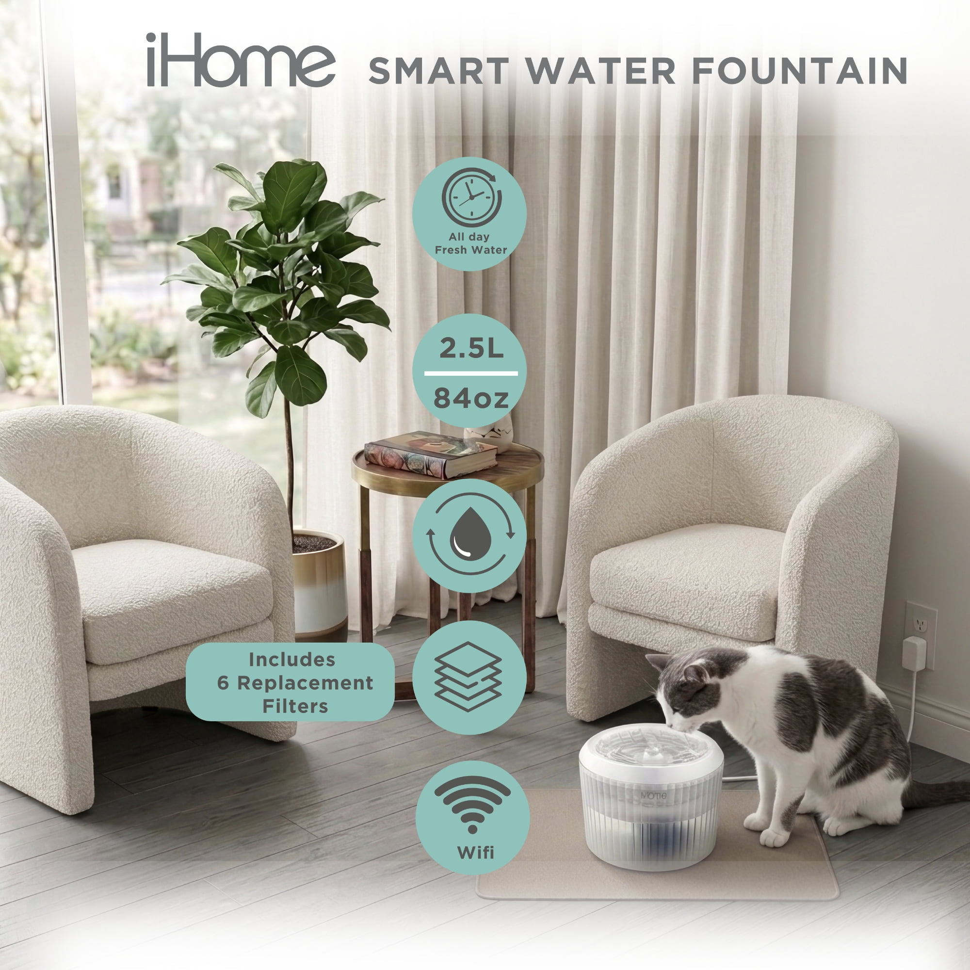 iHome Automatic Pet Water Fountain, 2.5L/84 oz, Ultra-Quiet Filtered Water Dispenser
