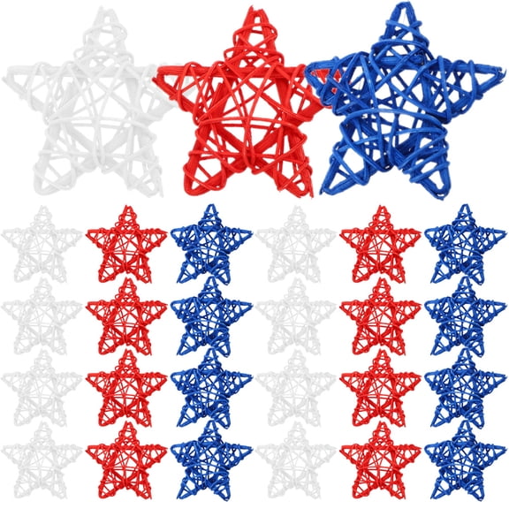 CIMAXIC 24Pcs Assorted Color Rattan Star Ornaments for 4Th of July Patriotic Decoration and Home Wicker Decor