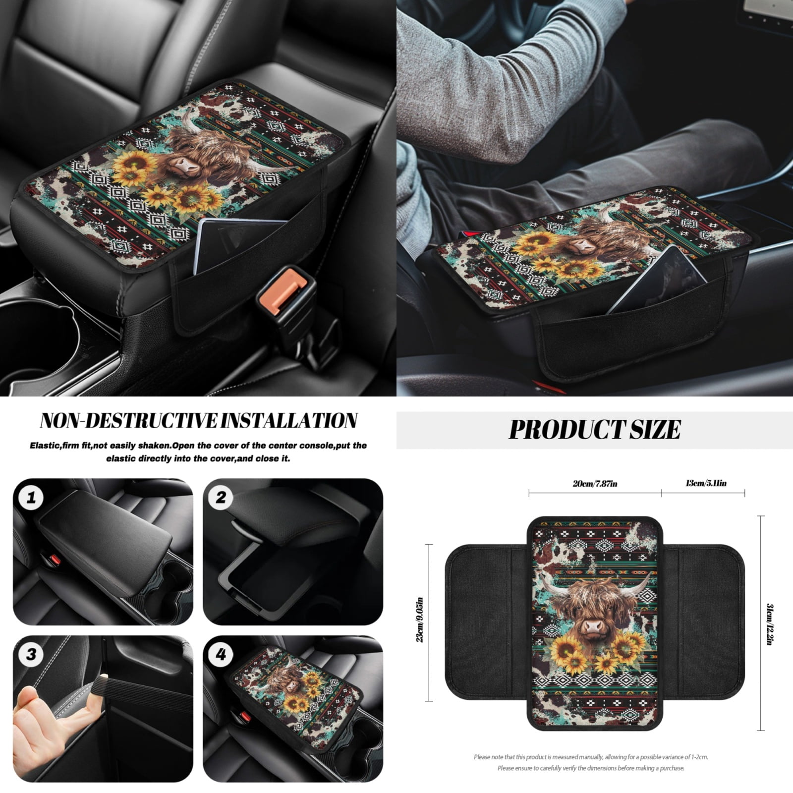 Renewold American Tribal Highland Cow 14 PCS Car Seat Cover Full Set, with Steering Wheel Cover Auto Seatbelt Pads Coaster Trash Can Rear View Mirror Armrest Cover Coasters Gear Shift Knob Cover Set