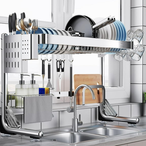 Dish Drying Rack Over Sink - Large Over The Sink Dish Drainer Adjustable Length (24.8'' to 35.43'') Full Stainless Steel Above Sink Storage Rack Multifunctional Organizer Shelf in Kitchen Counter