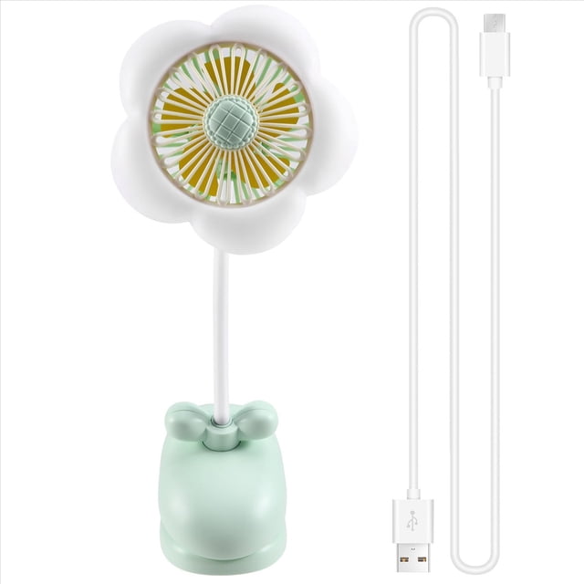 Ventilador de Clip Recargable por USB con Diseño de Flores, Rotación de 360° y Luces LED para Cochecito o Camping, Color Verde.
