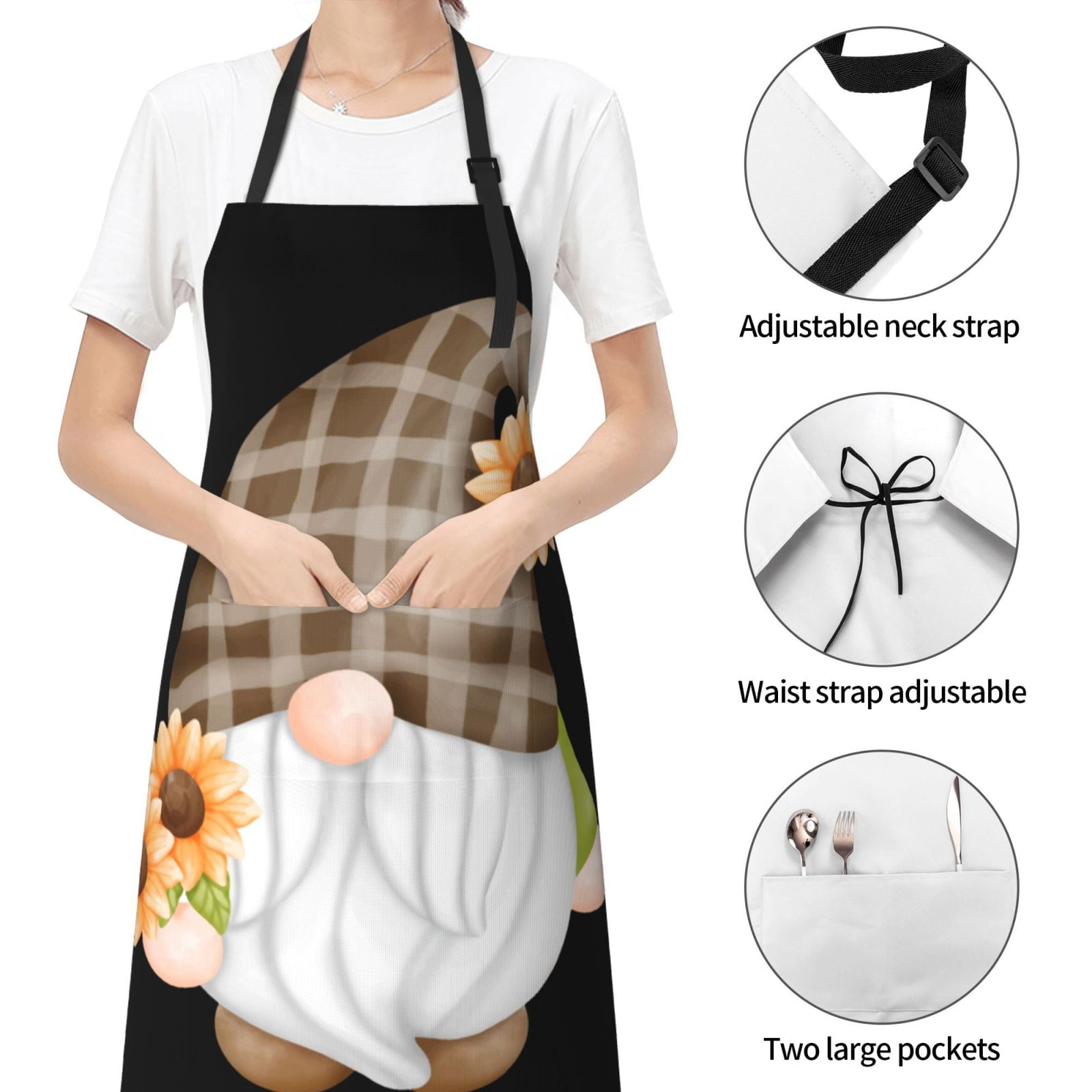 Kdxio Sunflower Gnomes 4 Apron with Pockets Adjustable Kitchen Aprons for Men Women Waterproof Aprons for Cooking,Drawing,Crafting, Baking Household Cleaning