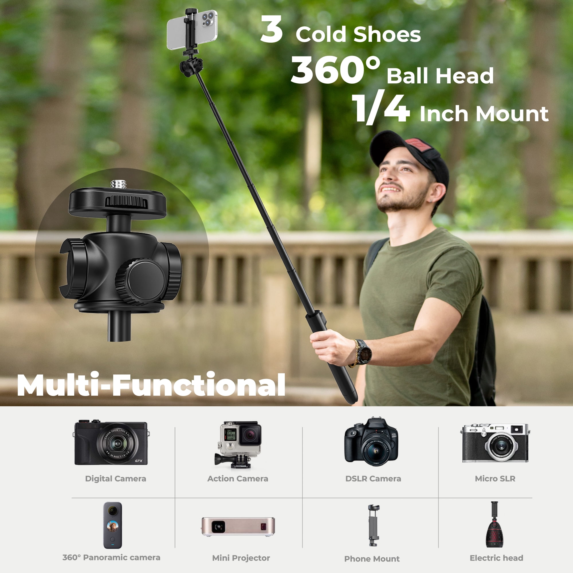 KraftGeek Vlogging Tripod for Phone & Camera & Pocket 3, 60‘’ Tripod Selfie Stick with Remote, 3 Cold Shoe Mounts for Light & Microphone (Not Included) - Black