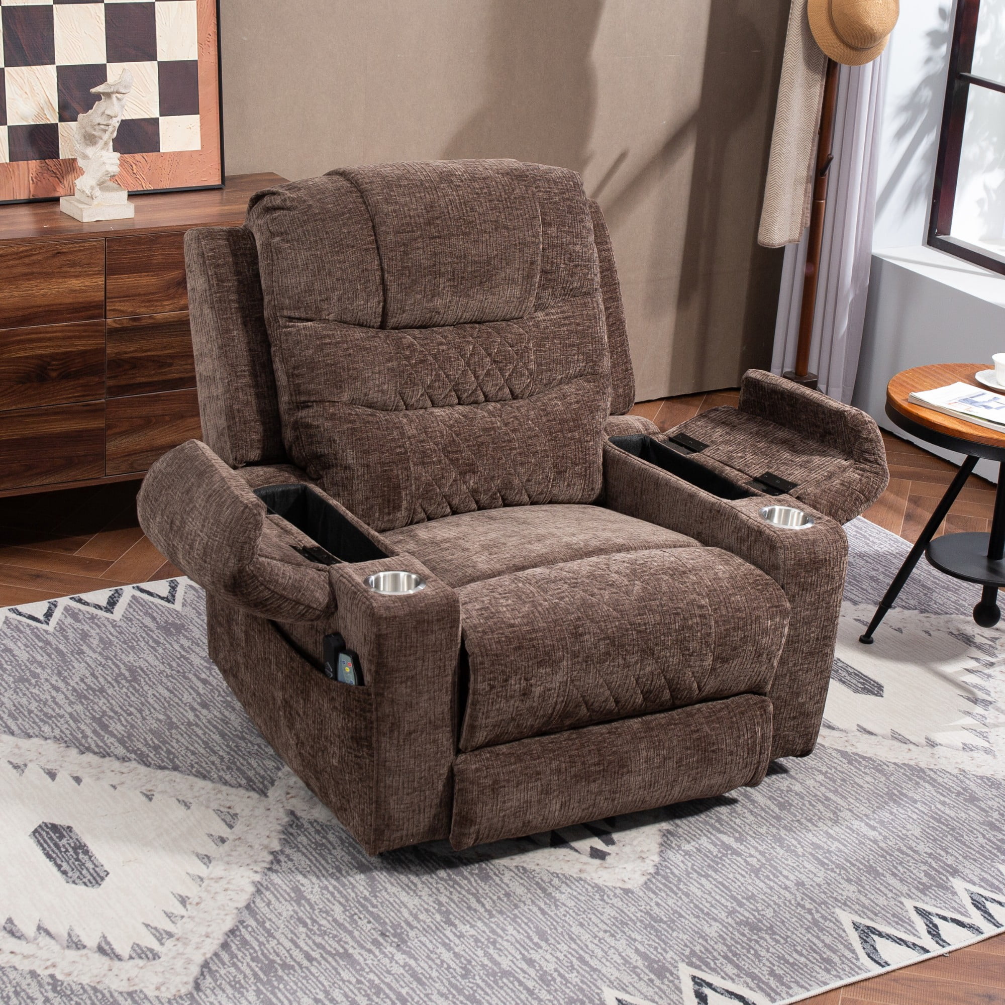 Oversized Recliner Chair 26-inch Wide Seat with Extended Footrest - Power Lift Recliner for Elderly with Heat Massage - Flip Arm Storage Cup Holders 350 lbs
