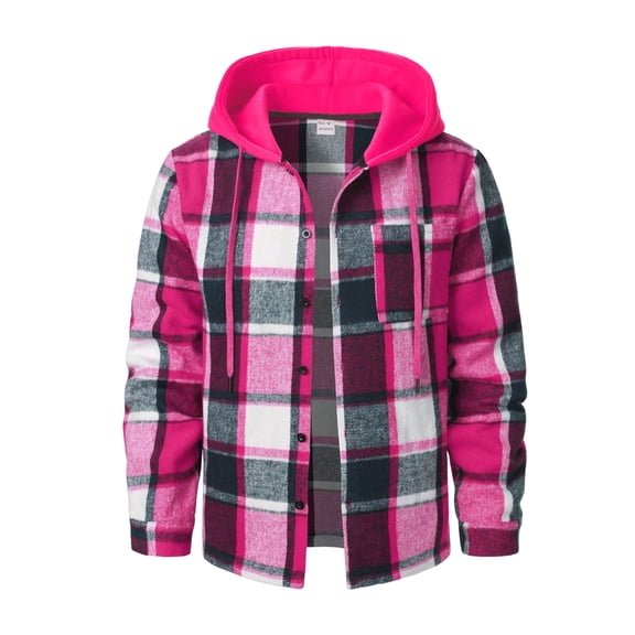 Fabrcox Men's Hooded Plaid Shacket Long Sleeve Button Down Checkered Shirt Jacket with Chest Pockets Lightweight Casual Fall Outerwear S