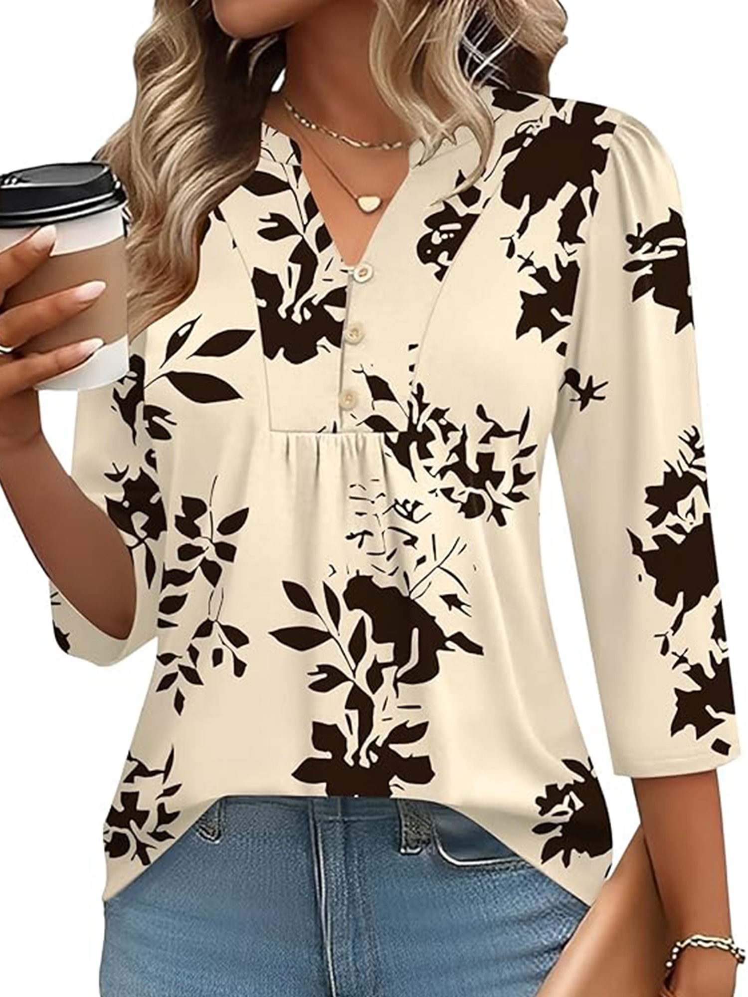 VDJ Womens Tops 3/4 Length Sleeve Button V Neck Casual Shirts Floral Loose Fit Work Blouses for Ladies Summer Fall Clothes Size XL