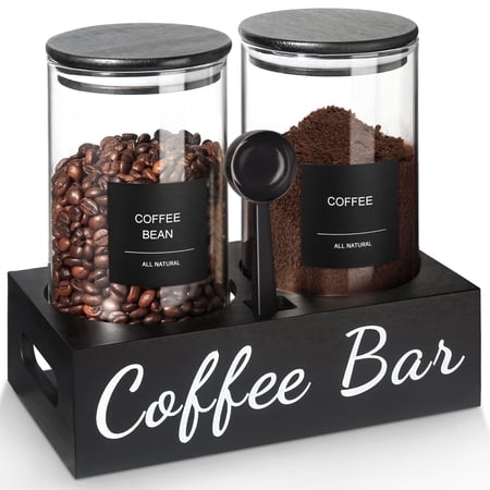 GM GMISUN Coffee Container, 2Pcs 50oz Airtight Coffee Bean Storage Canister, Black Glass Coffee and Sugar Jar Set with Scoop/Shelf/Label