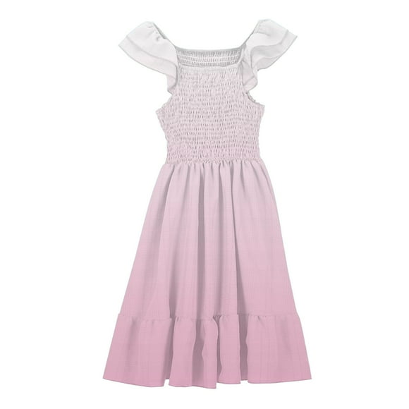 Girls Dresses Elegant Gradient Summer Dresses Cute Double Layer Ruffle Sleeve Smocked Flowy Dress for Ages 4-16 for Everyday Casual and Outdoor