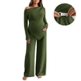 thumbnail image 2 of Jamicy Women's Maternity Clothes Solid Color 2 Piece Spring Outfits Off Shoulder Asymmetrical Top and Pants Matching Sets, 2 of 10