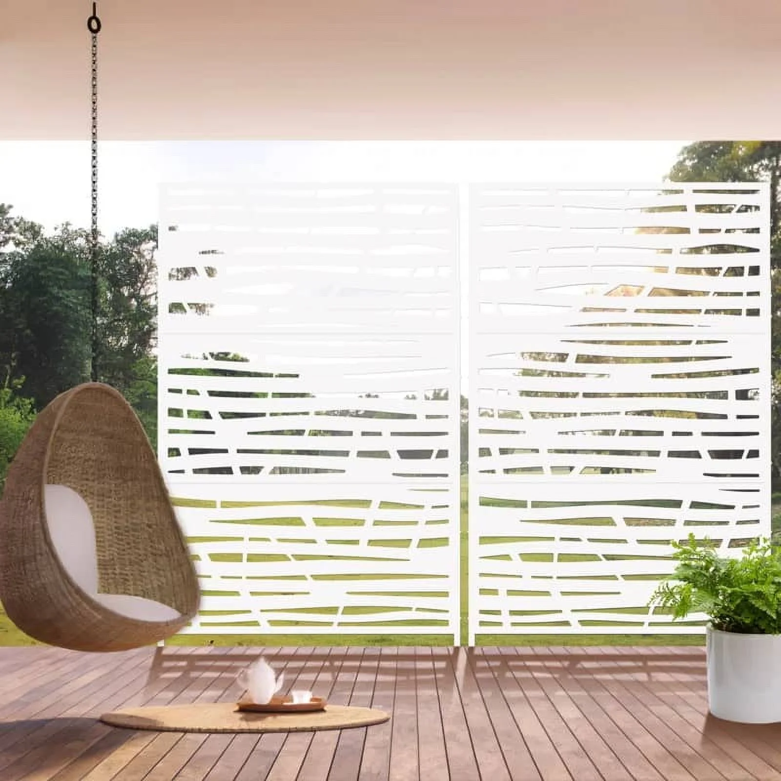 MAYEERTY 72*47" Outdoor White Metal Freestanding Panel Screen for Patio, Jungle Pattern