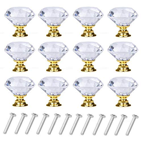 YourGift Juego de 6 pomos de cristal dorado de 30 mm para cajones
