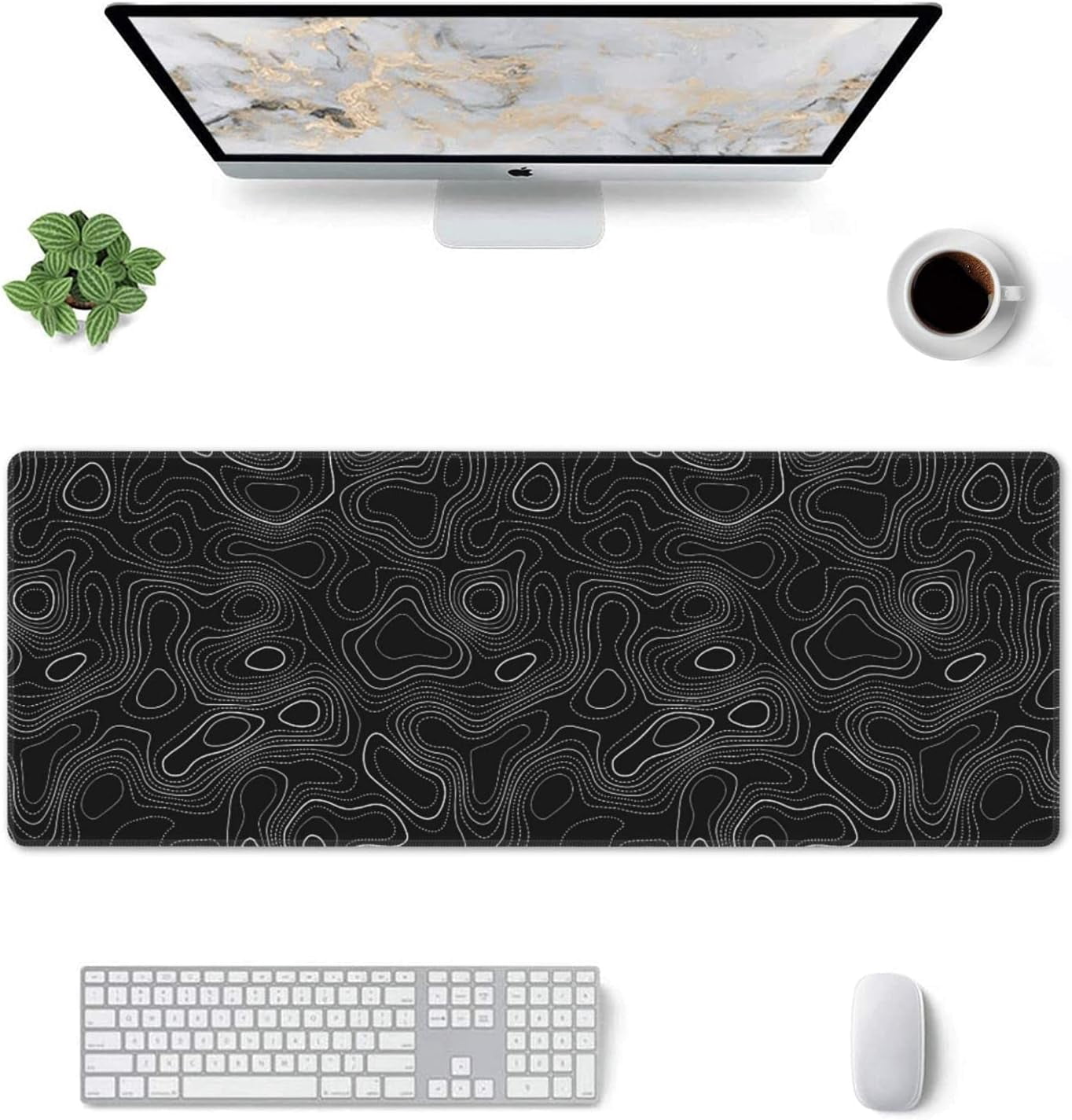 Topographic Mouse Pad Large Gaming XL Black and White Geographic Map Lines Contour Desk Mat Extend Long Mousepad for Computer Laptop Office Non-Slip Rubber Stitched Edges 31.5 x 11.8 Inch