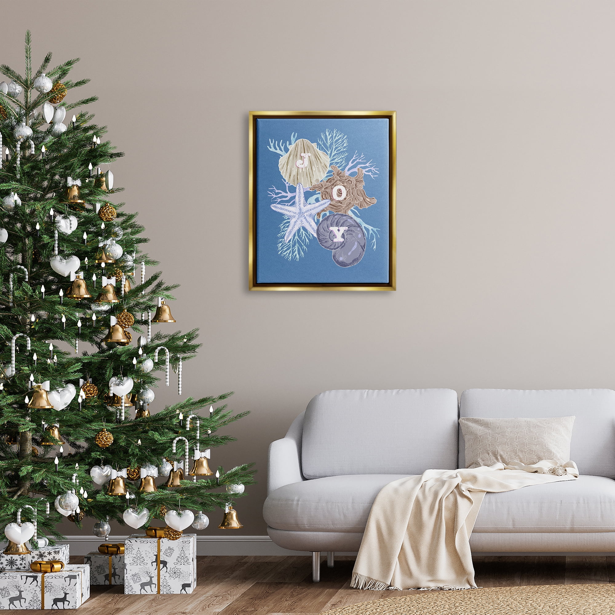Stupell Industries Joy Nautical Holiday Seashells Holiday Painting Gold Floater Framed Art Print Wall Art