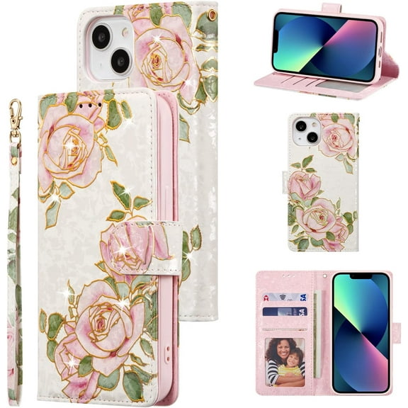 Wallet Case for iPhone 13 6.1 inch, PU Leather Phone Case Kickstand RFID Blocking Flip Case with Card Slots Wrist Strap Relief Engraved Pattern Magnetic Closure Folio Case - White Rose