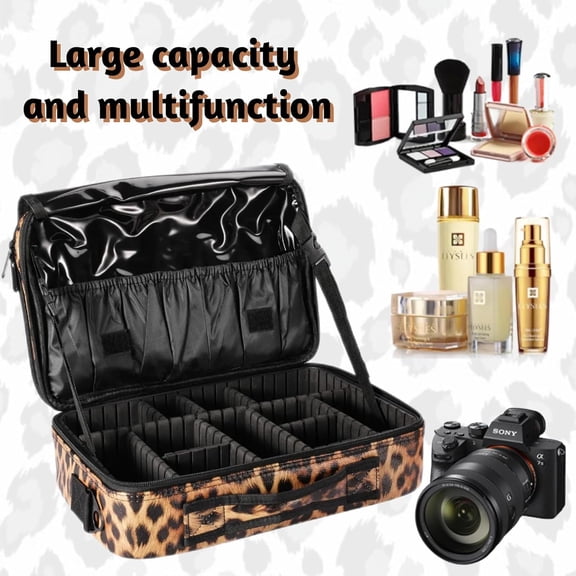 Large Travel Makeup Case with Adjustable Dividers, Waterproof Cosmetic Organizer, Leopard Pattern