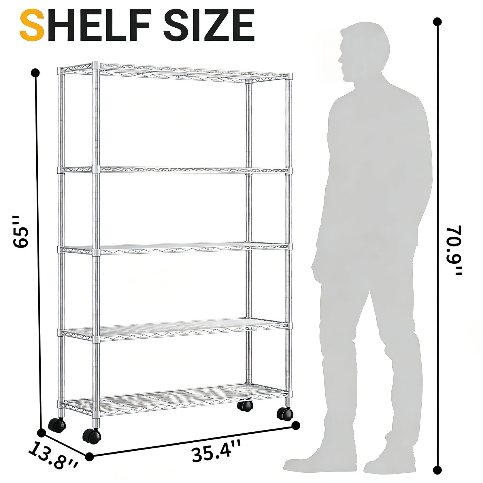 Ktaxon Commercial 5 Tier Storage Rack, Adjustable Rolling Metal Garage Shelving Chrome, 35''W x 14''D x 65''H, Capacity for 800lbs