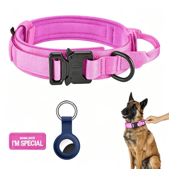 GASTROPOD Tactical Dog Collar, Adjustable Military Training Nylon Dog Collar with Control Handle and Heavy Metal Buckle for Medium and Large Dogs, with Patches and Airtags Case (L, Pink)