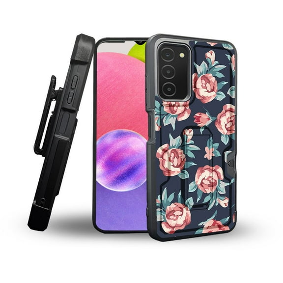 ANJ  Rugged Shockproof Holster Case Card Slot Kickstand   Tempered Glass Cover for Samsung Galaxy A03s - Passionate Roses